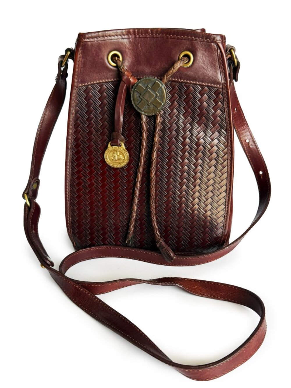 Vintage Brahmin Woven Leather Drawstring Crossbody Bag Made in USA